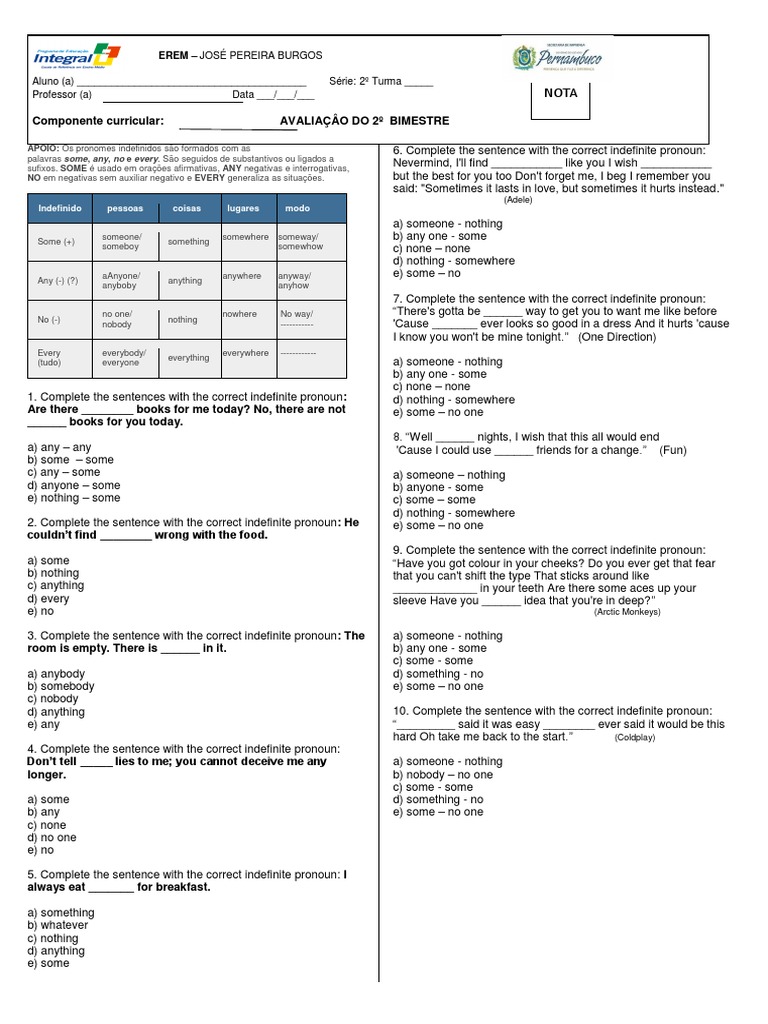 2º Ano - Prova de Inglês | PDF | Linguistic Morphology | Morphology