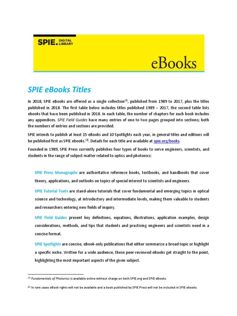 A Comprehensive Listing of SPIE EBooks Titles Published from 1989-2018 ...