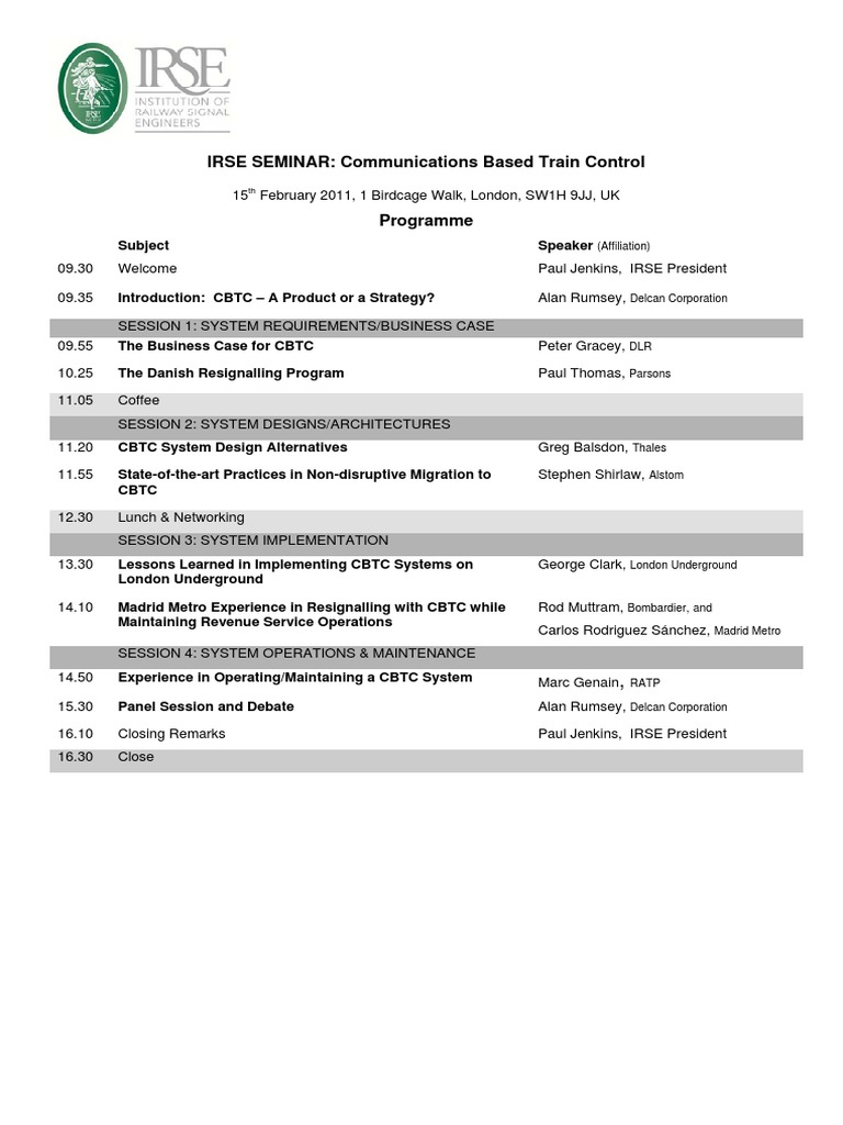 IRSE 15 Feb 11 Seminar | PDF | Train | Rail Transport