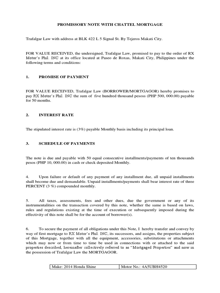 Promissory Note With Chattel Mortgage Mortgage Law Mortgage Loan