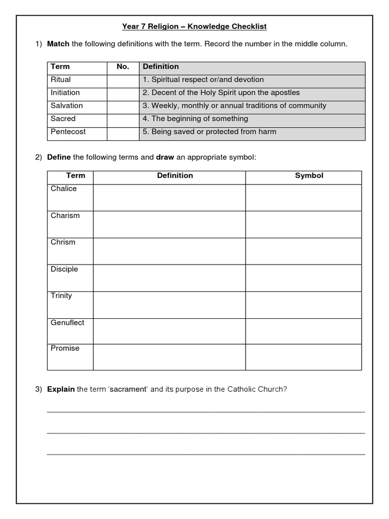 Year 7 Religion - Knowledge Checklist | Download Free PDF | Sacraments ...