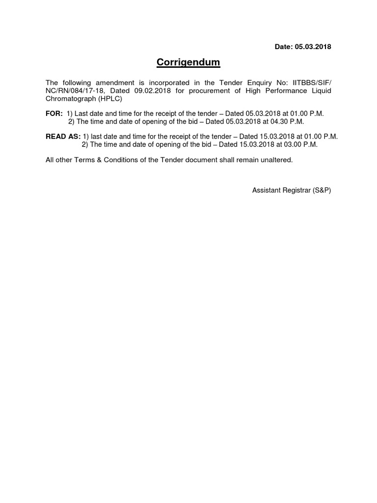 IITBBS HPLC Tender Corrigendum Date Extension PDF