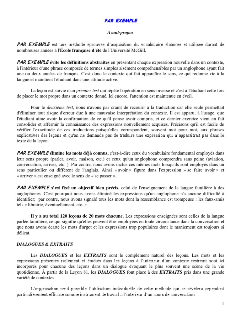 Par Exemple Langue Anglaise Lexique