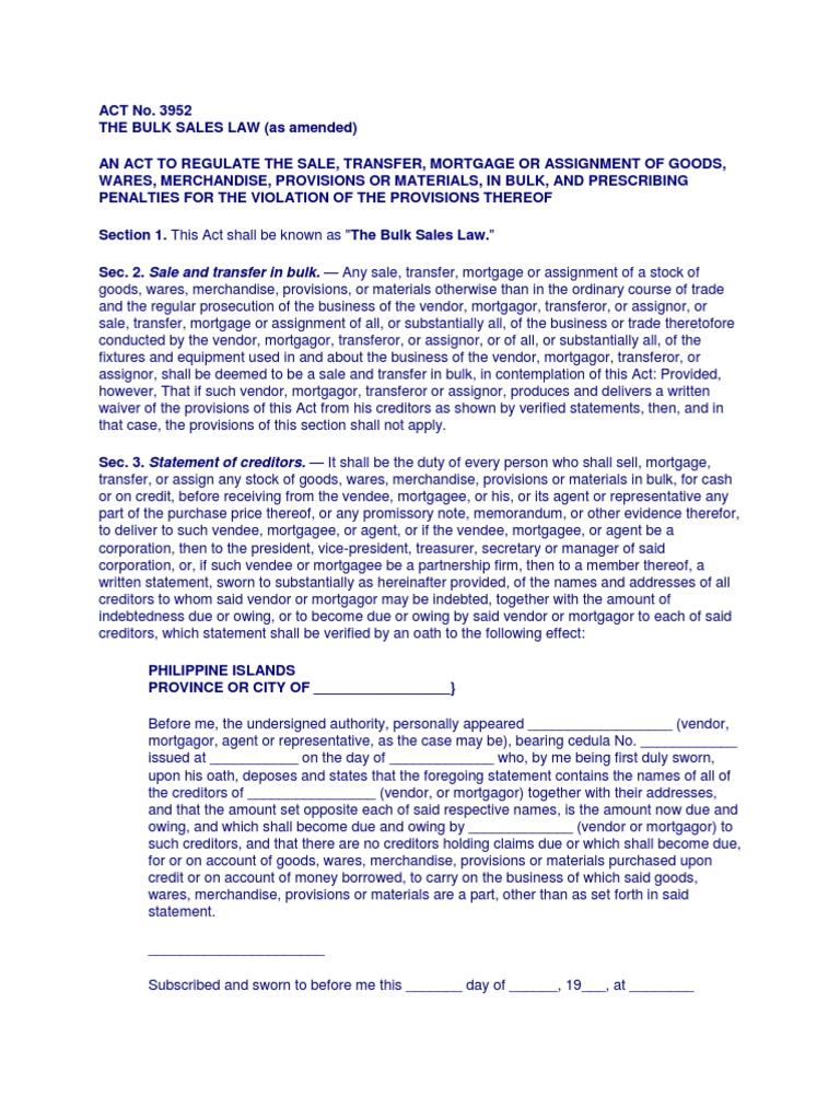 Bulk Sales Law PDF Mortgage Law Corporations