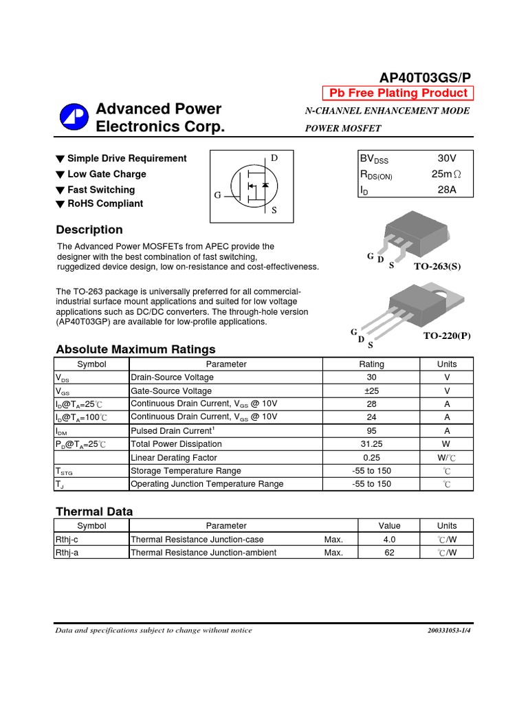 AP 40T03GP - Advandced Power Electronic Corp | PDF | Field Effect ...