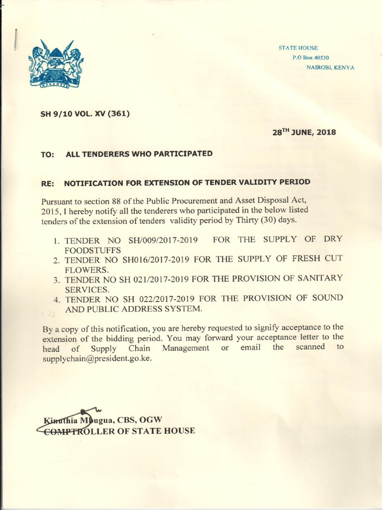 Notification For Extension of Tender Validity Period.