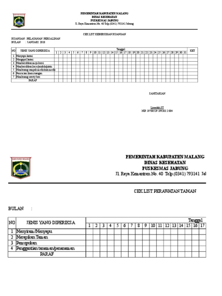 Ceklist Kebersihan Ruangan