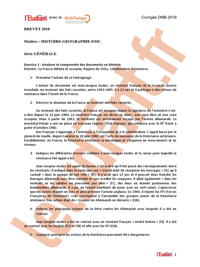 Brevet Blanc Histoire Geo Emc Corrige DNB 2018 Histoire Geo Emc Corrige | PDF | Statuts | Résistance française