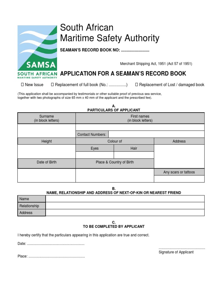 South African Maritime Safety Authority Application For A Seaman'S