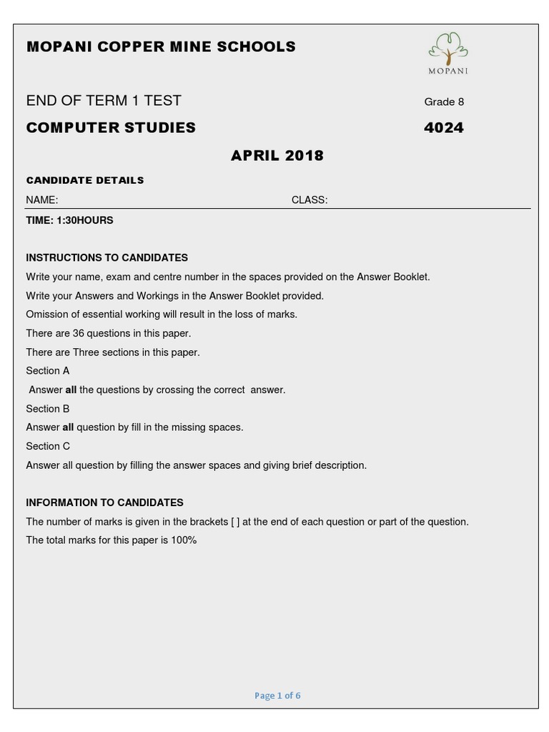 2018 End of Term 1 Test Computer Studies Grade 8 PDF Computer