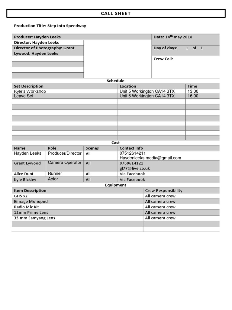 Step Into Speedway Production Call Sheet | PDF