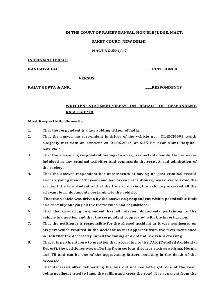 MACT Written Statement by Rajat Gupta | PDF | Negligence | Traffic