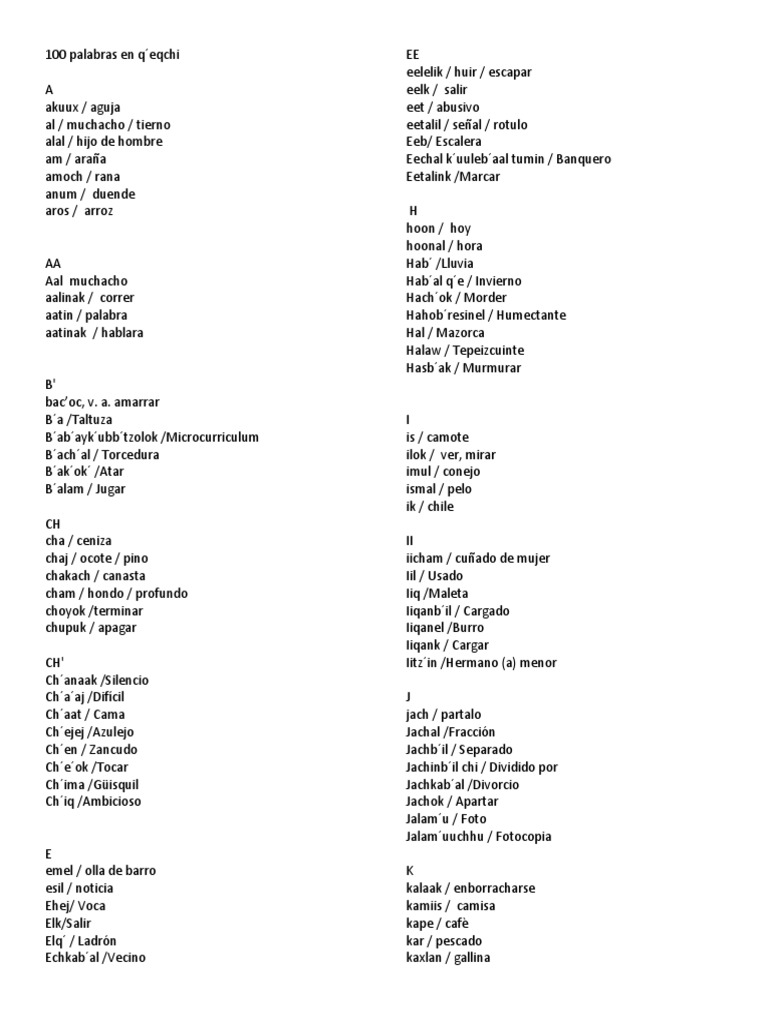100 Palabras en Q Eqchi PDF Carbohidratos Sacarosa