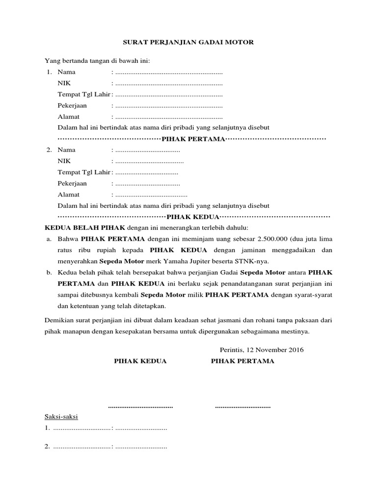 Contoh Surat Perjanjian Gadai Motor