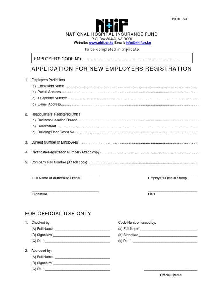 Employers Application for RegistrationNHIF Written Communication