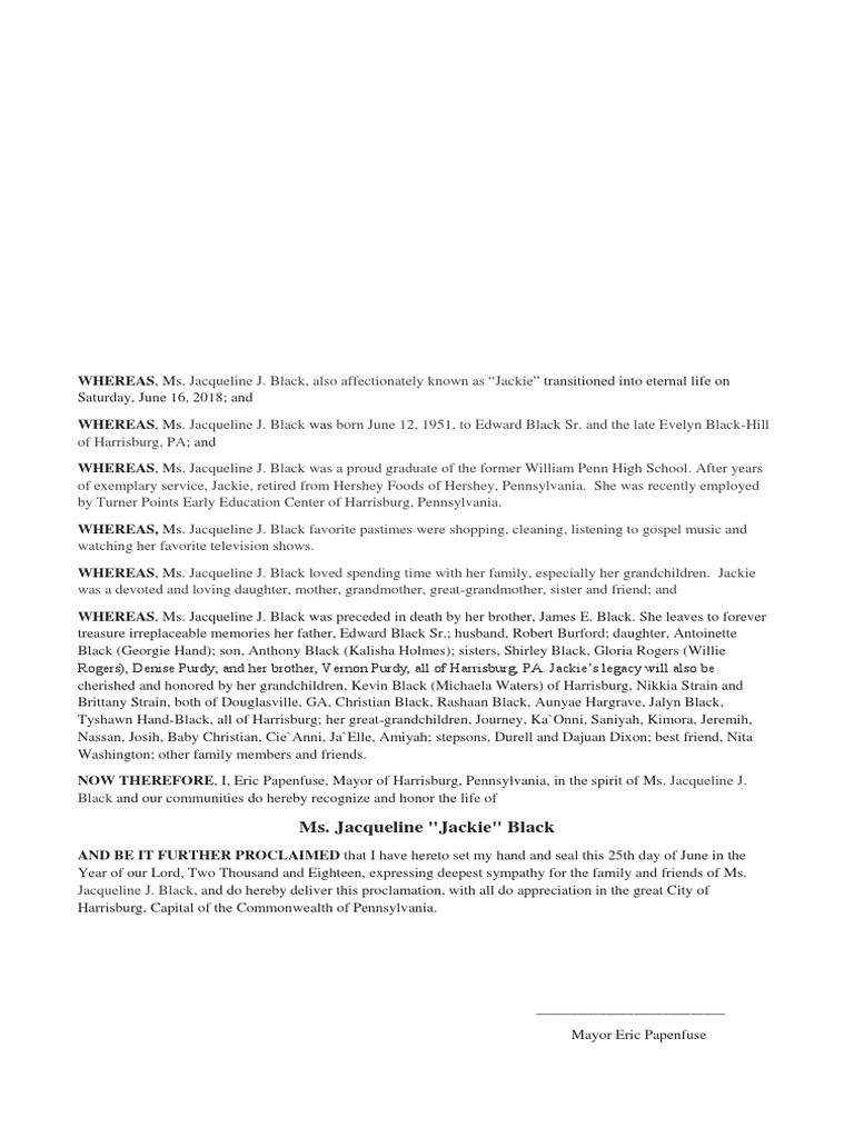 Harrisburg Proclamation For Jackie Black PDF