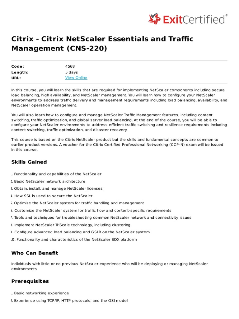 Citrix Netscaler Essentials and Traffic Management Cns 220 | PDF | Load ...
