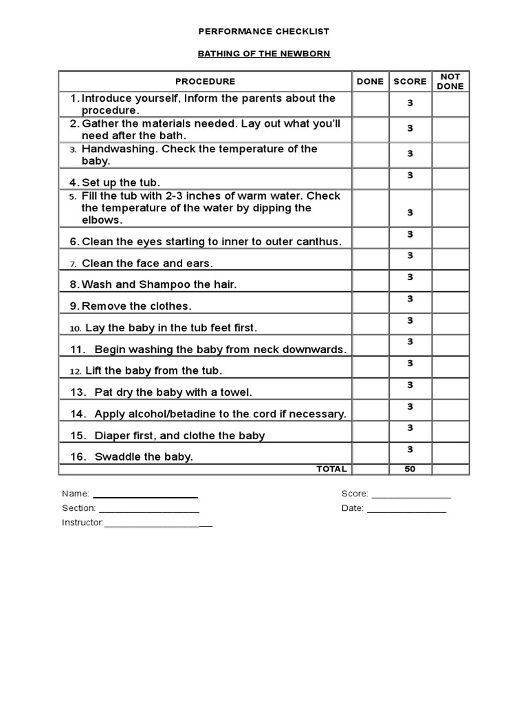 Newborn Care and Bathing Checklist | PDF | Medicine | Clinical Medicine