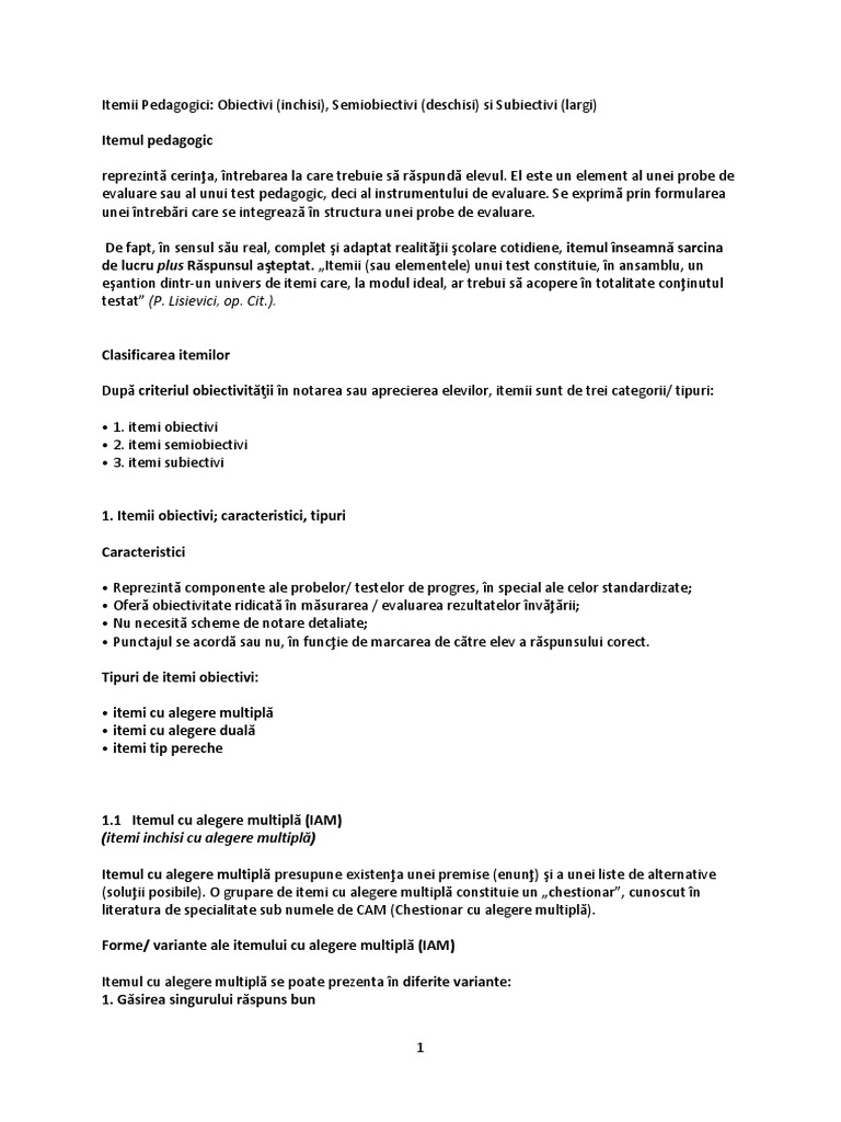 Itemii Pedagogici-Tipuri de Itemi | PDF