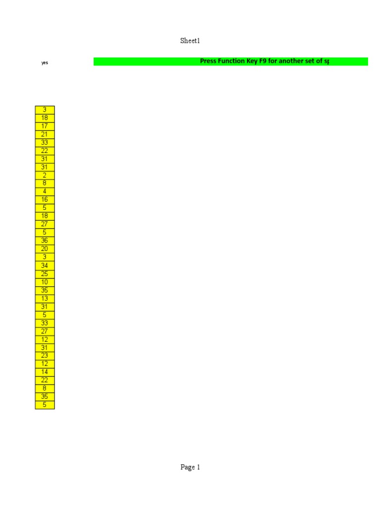Sheet1: Press Function Key F9 For Another Set of Spins | PDF