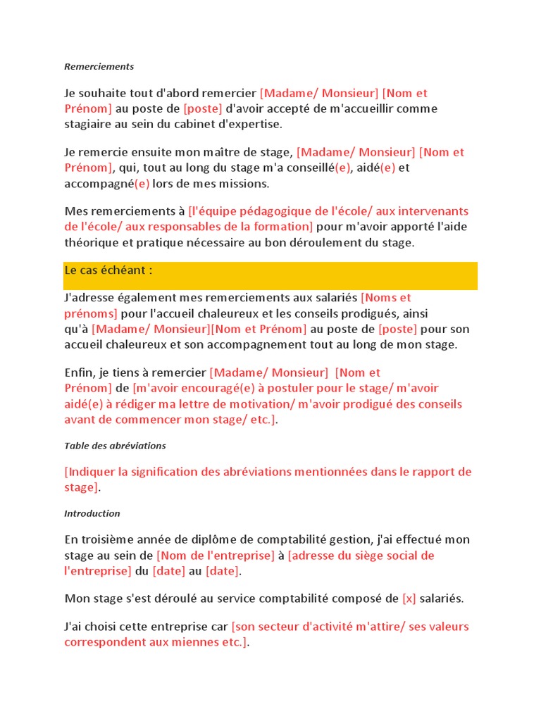 Remerciements Memoire De Stage Exemple