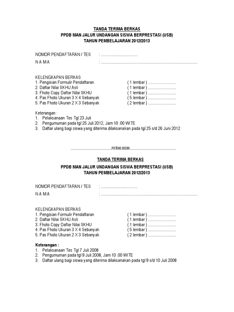 Format Tanda Terima Berkas Ppdb 2012 2013 Docx