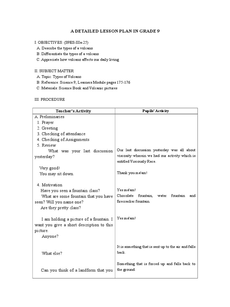 A Detailed Lesson Plan in Grade 9: Pupils' Activity | PDF | Volcano | Lava