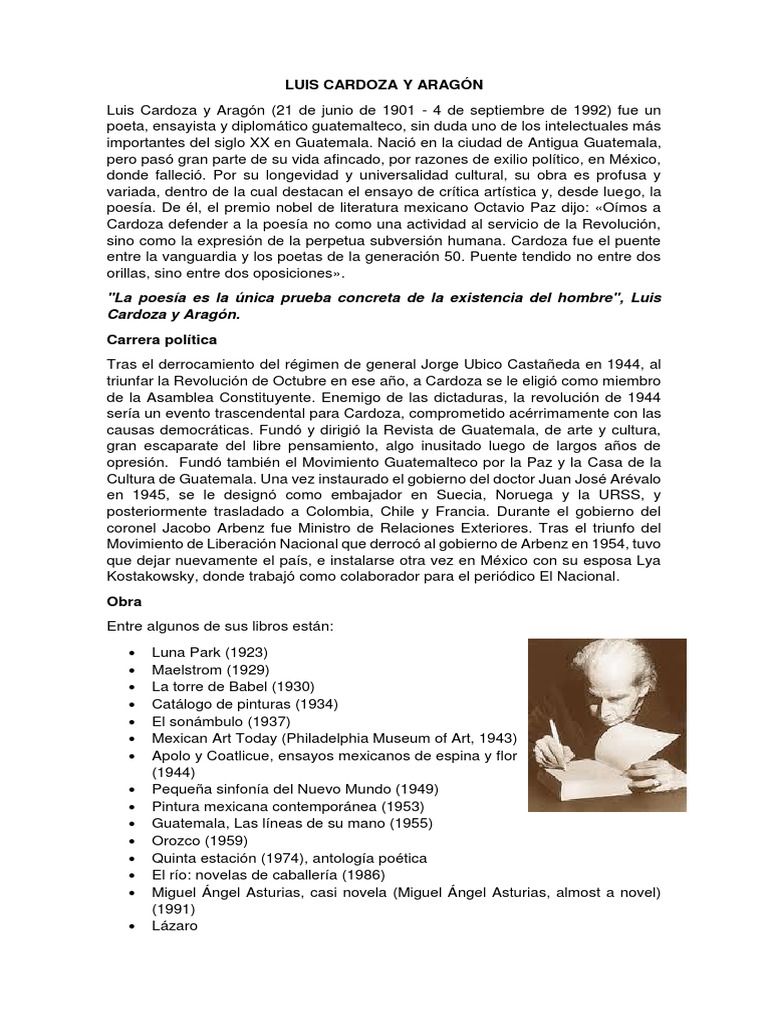 Luis Cardoza y Aragón: Vida y Obra | PDF | Poesía