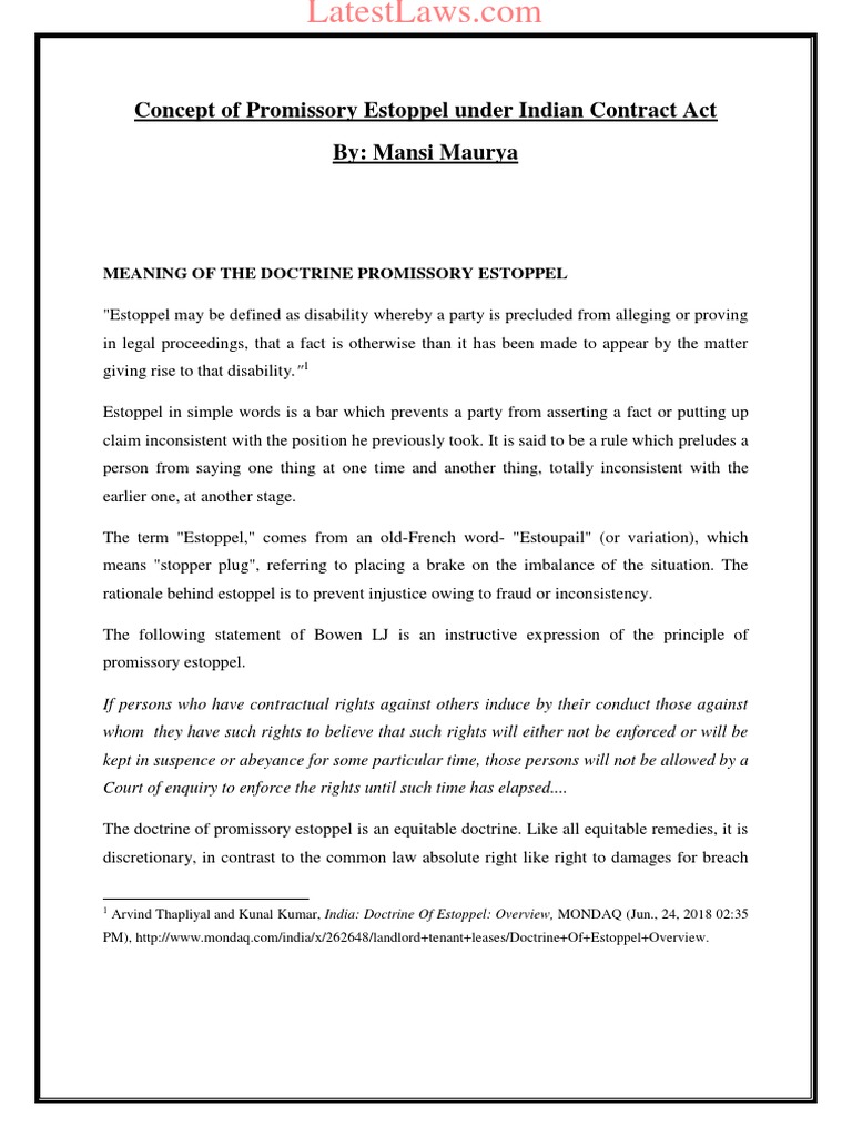 Concept of Promissory Estoppel Under India Contract Act by Mansi Maurya PDF Estoppel