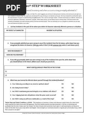 10th Step Worksheet Pdf Inventory Psychological Concepts