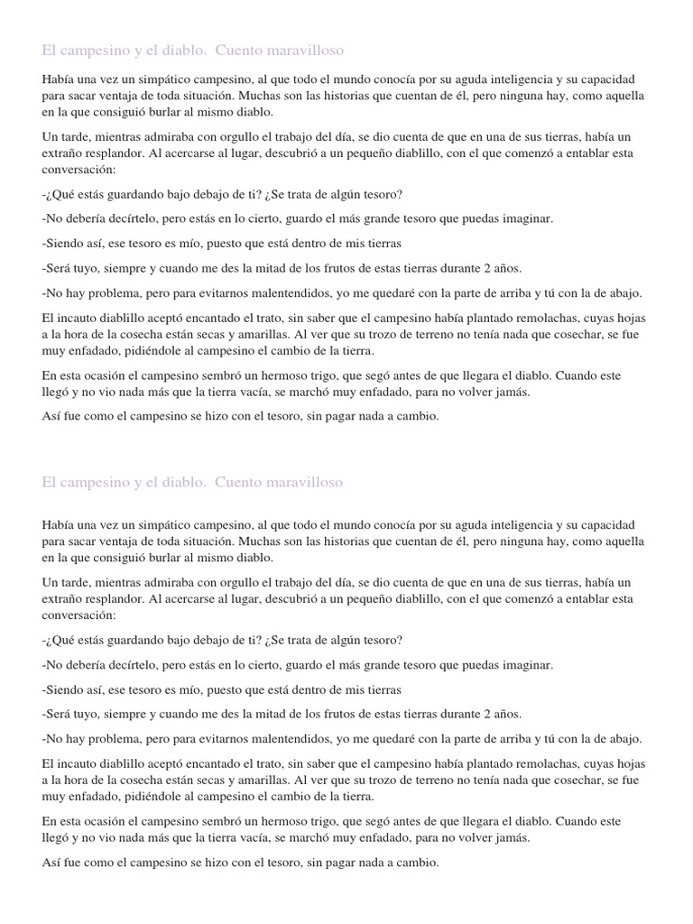 El Campesino Y El Diablo Cuento Maravilloso Pdf Diablo Ocio