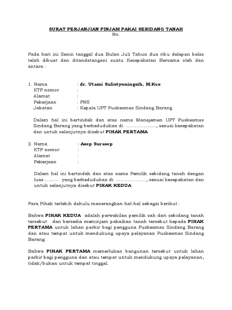 Surat Perjanjian Pinjam Pakai Sebidang Tanah