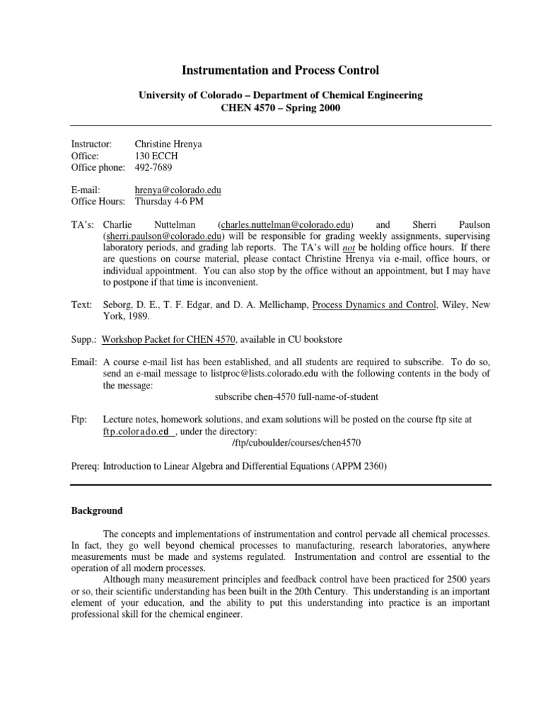 Process Control Syllabus PDF Control Theory Homework