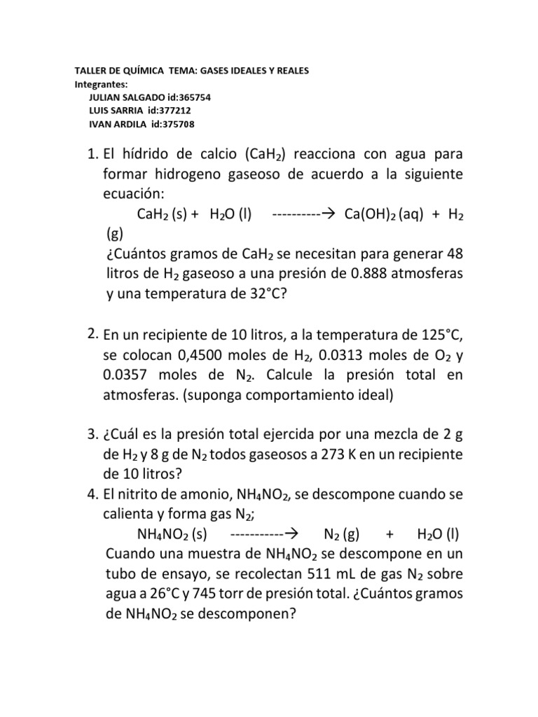 Cálculos de Gases Ideales y Reales | PDF | Gases | Mole (Unidad)