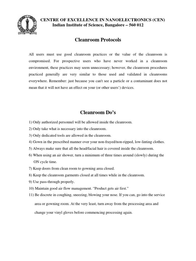 Clean Room Dos and Donts | PDF | Equipment | Tools