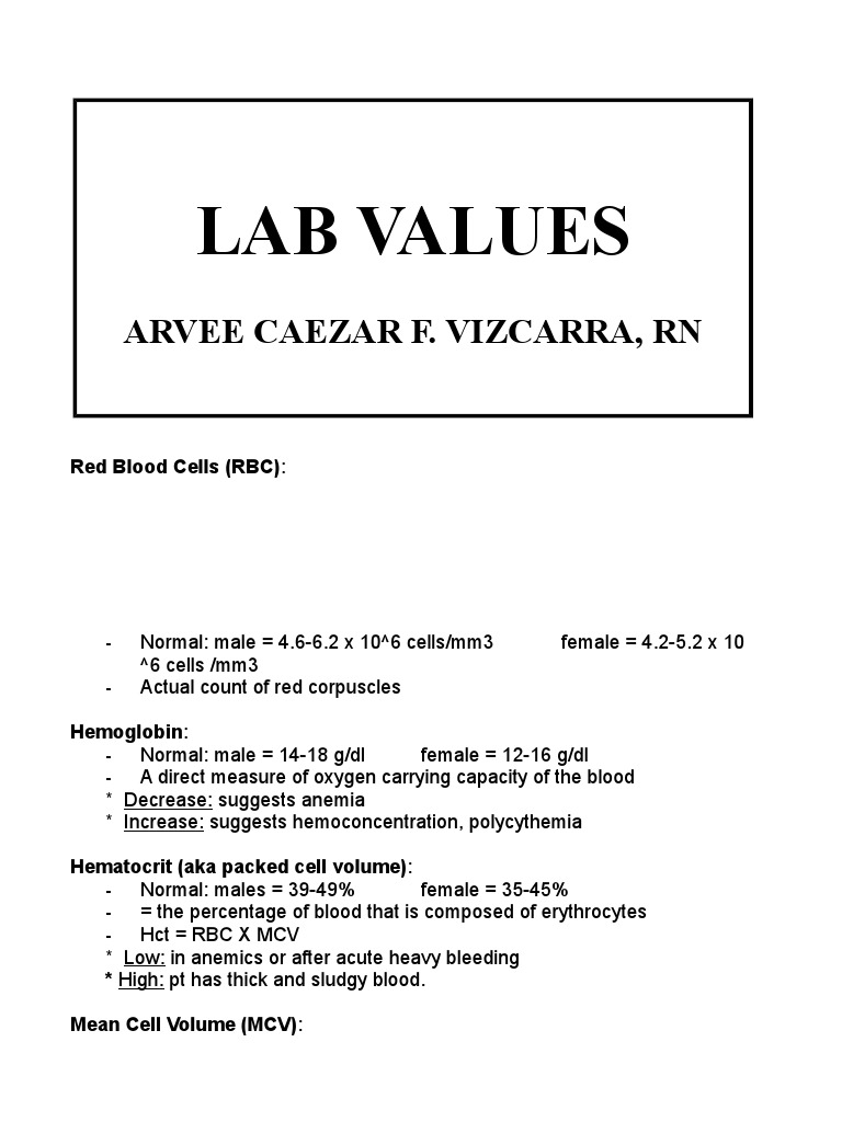 Lab Values Flash Card Anemia White Blood Cell