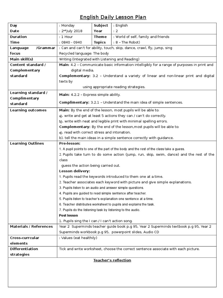 Unit 8 The Robot Lesson Plan English Language