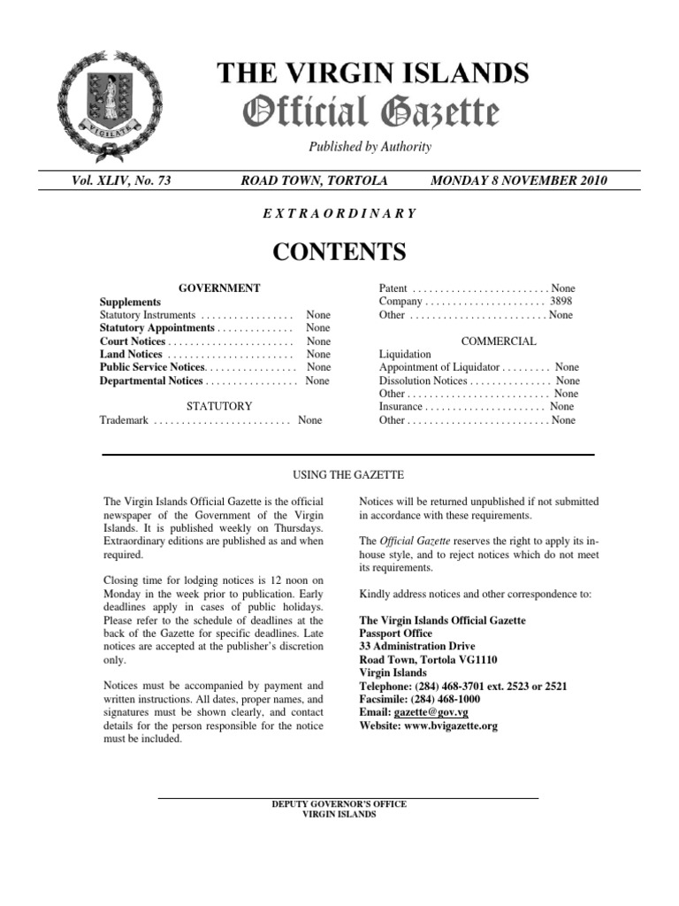 Published by Authority: Vol. XLIV, No. 73 Road Town, Tortola Monday 8  November 2010 Extraordinary | PDF | Business