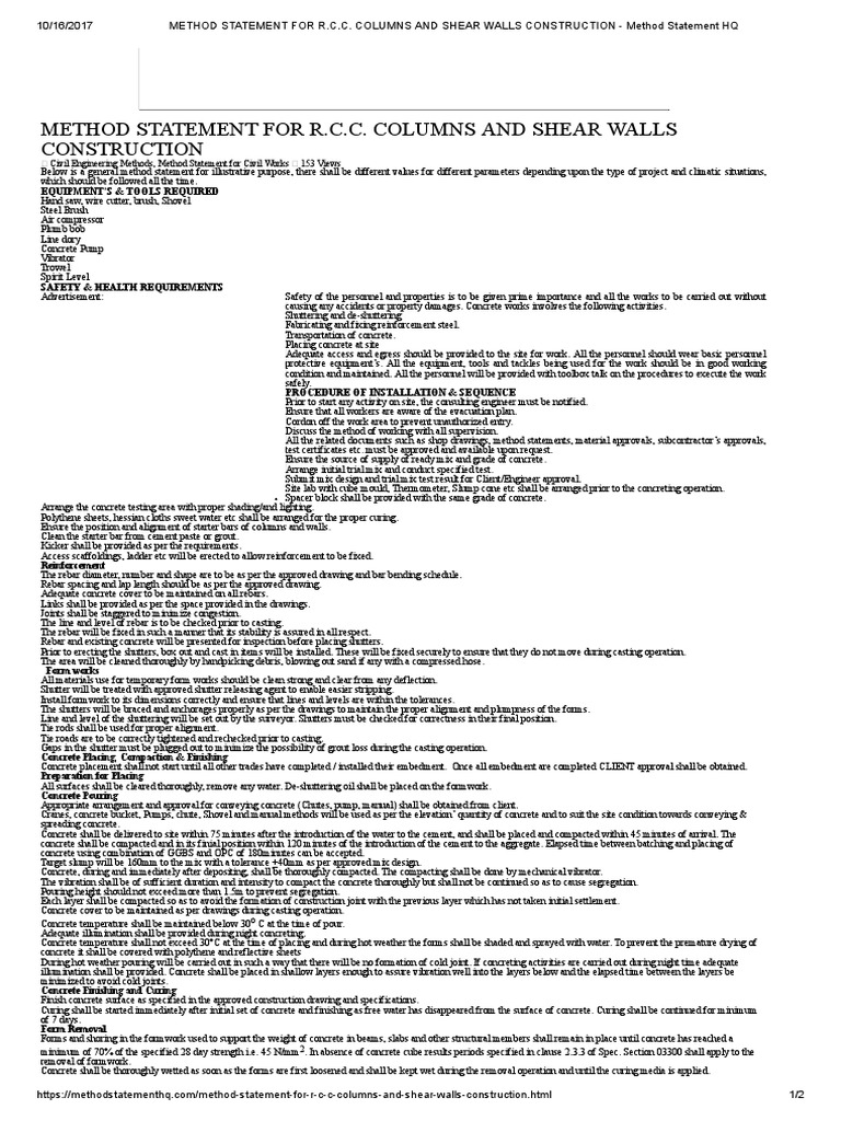 Method Statement For R.C.C PDF | PDF | Concrete | Economic Sectors