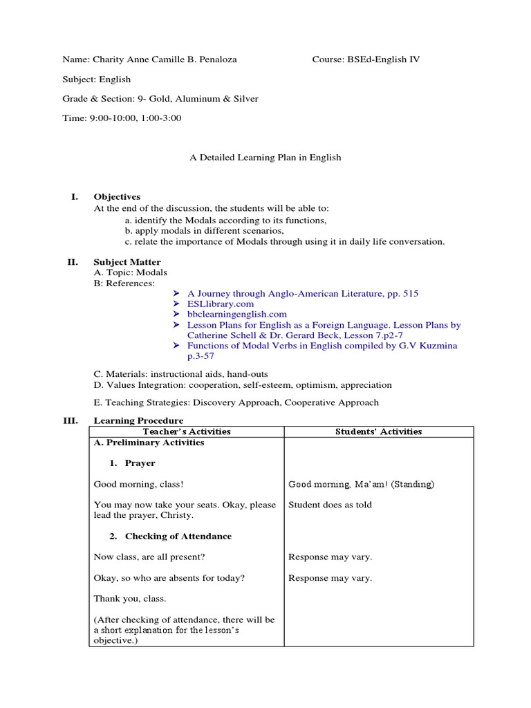 Lp For Modals Pdf Lesson Plan Cognitive Science