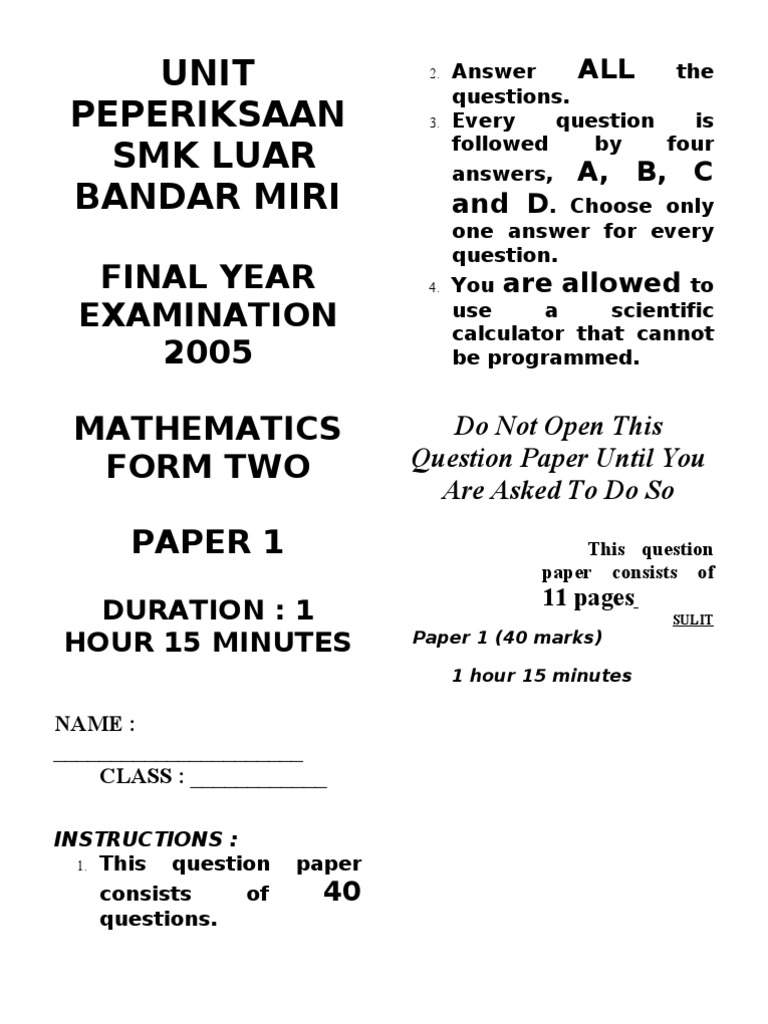 Unit Peperiksaan Smk Luar Bandar Miri Final Year Examination 2005