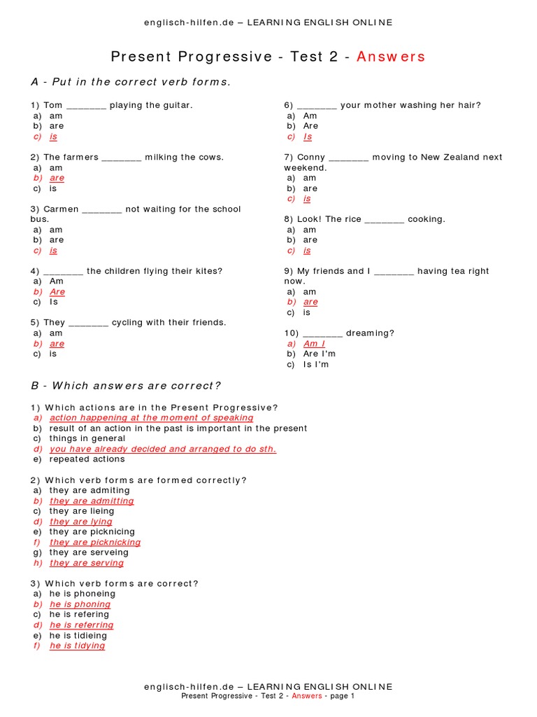 Present Progressive Test Answers | PDF