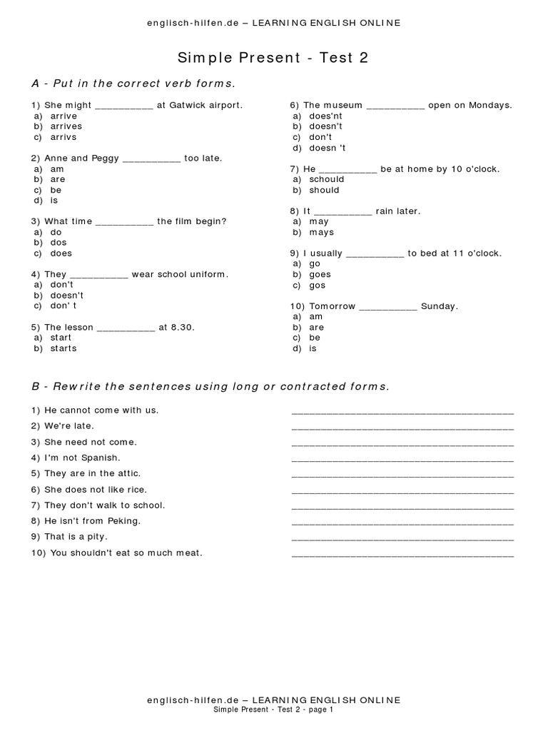 Simple Present English Test Exercises | PDF | Language Arts ...