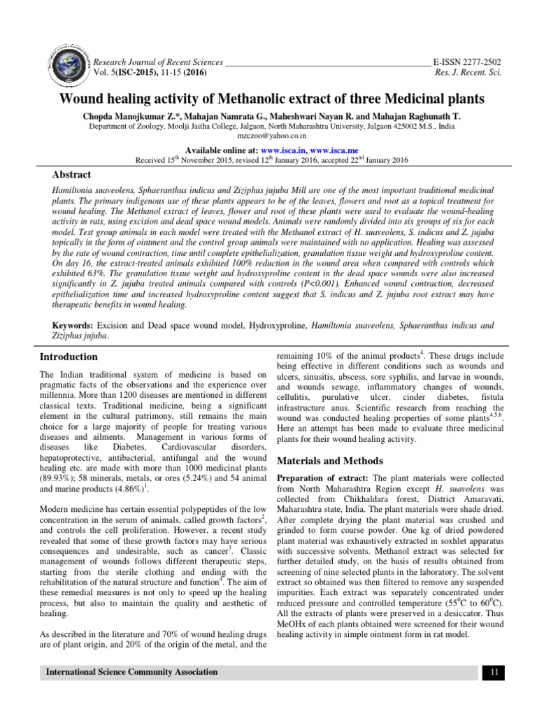 Wound Healing Activity of Methanolic Extract of Three Medicinal Plants