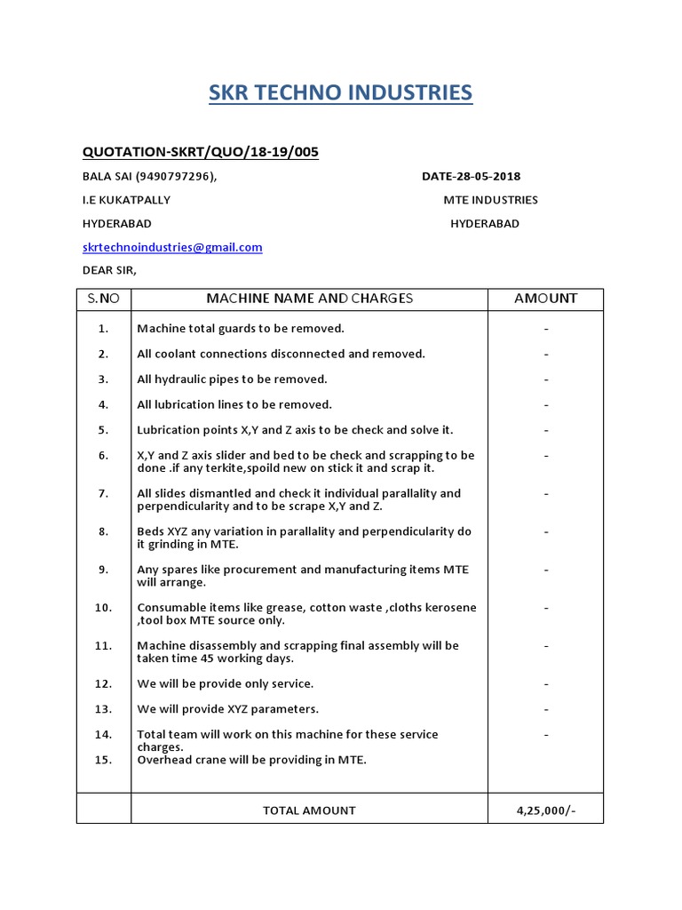 SKR Tech Industries Machine Quotation | PDF | Manufactured Goods | Machines