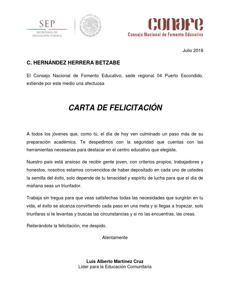 Carta de Felicitación  Educación avanzada