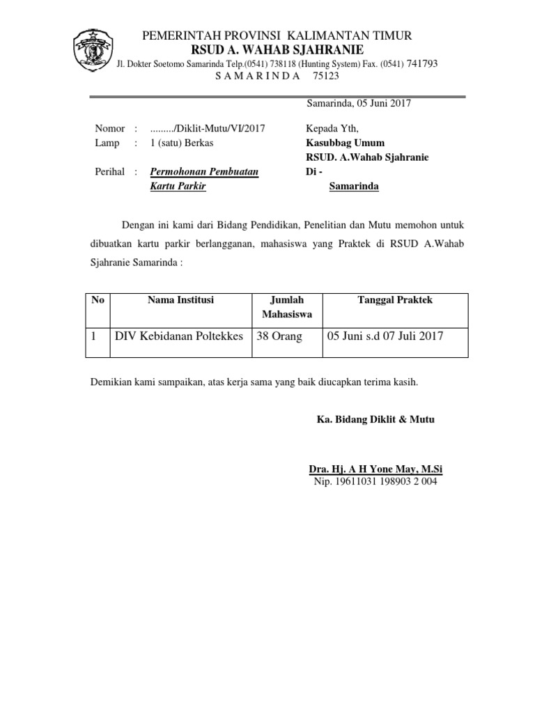 Contoh Surat Permohonan Kebenaran Parkir
