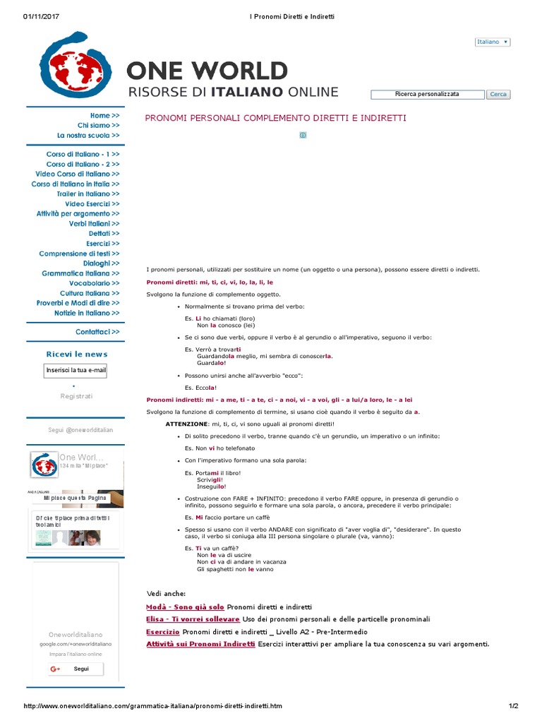Pronomi Diretti E Indiretti Esercizi Pdf
