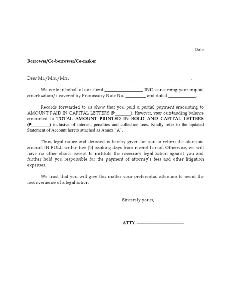 Demand Letter Format Partial Payment