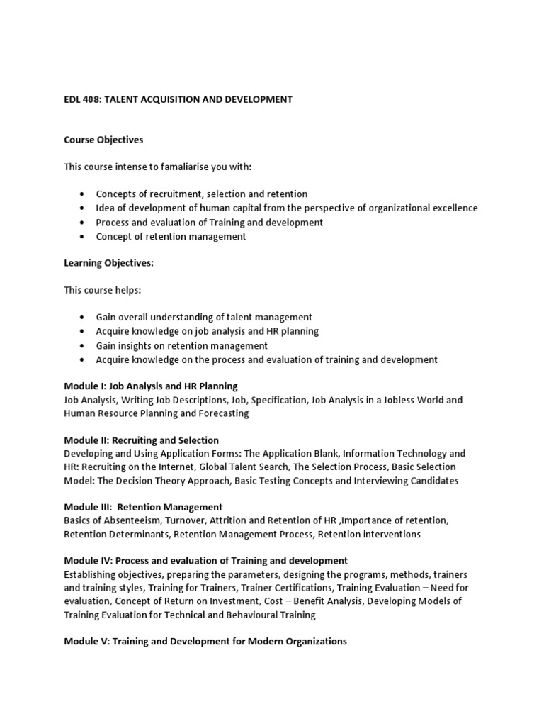 Talent Acquisition and Development Course | PDF | Employee Retention ...
